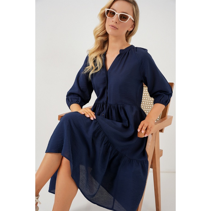 Kadın Düğmeli Kısa Kol Elbise 2559 - Lacivert
