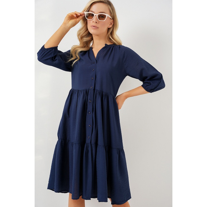 Kadın Düğmeli Kısa Kol Elbise 2559 - Lacivert