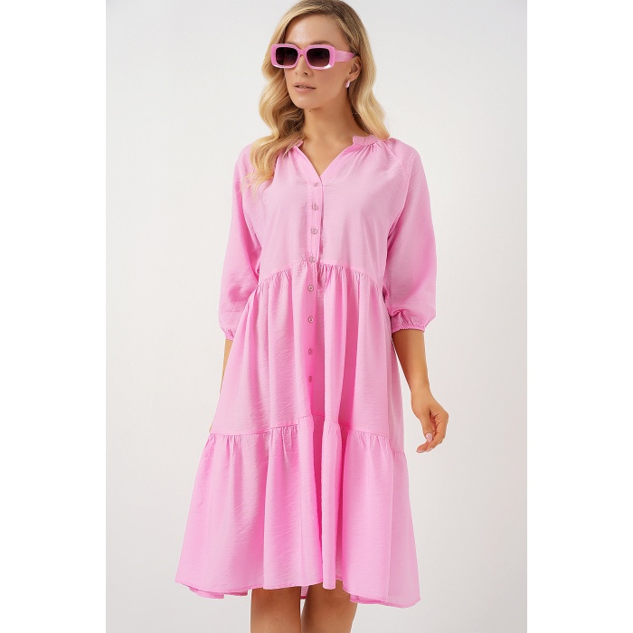 Kadın Düğmeli Kısa Kol Elbise 2559 - Pembe