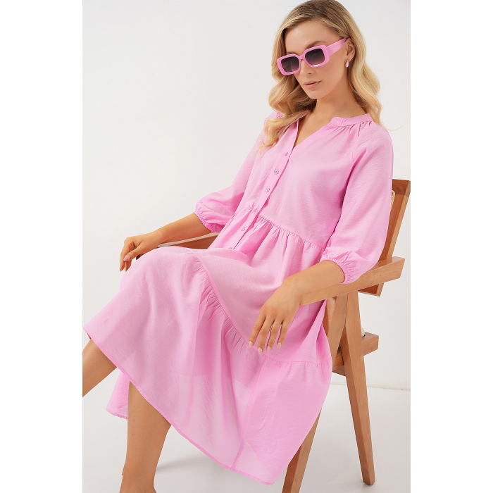 Kadın Düğmeli Kısa Kol Elbise 2559 - Pembe