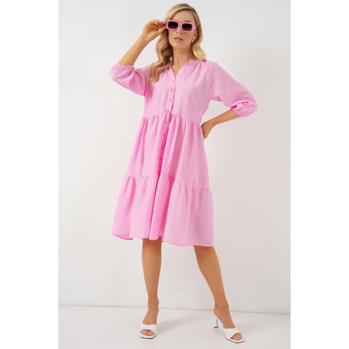 Kadın Düğmeli Kısa Kol Elbise 2559 - Pembe