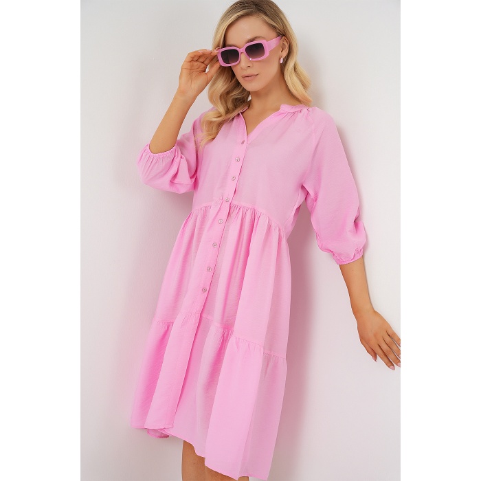 Kadın Düğmeli Kısa Kol Elbise 2559 - Pembe