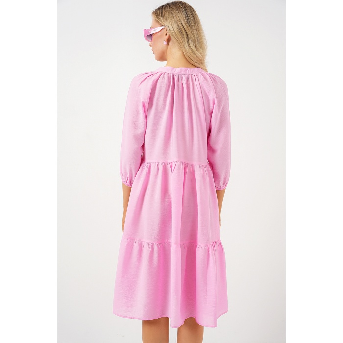 Kadın Düğmeli Kısa Kol Elbise 2559 - Pembe