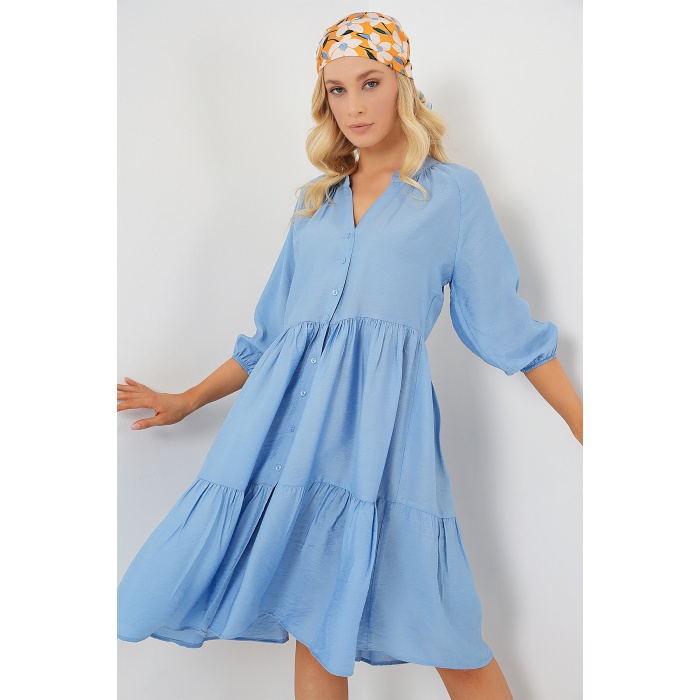 Kadın Düğmeli Kısa Kol Elbise 2559 - İndigo