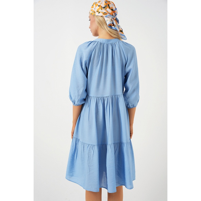 Kadın Düğmeli Kısa Kol Elbise 2559 - İndigo