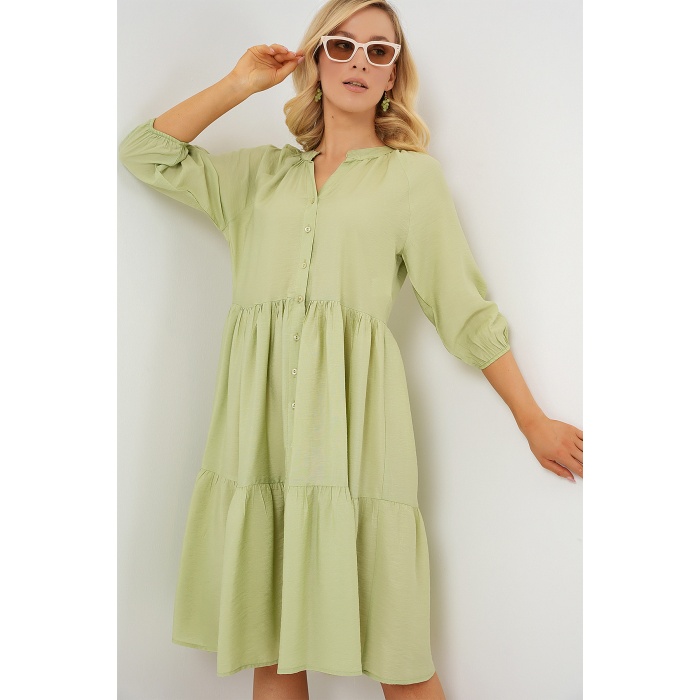 Kadın Düğmeli Kısa Kol Elbise 2559 - E.Yeşil