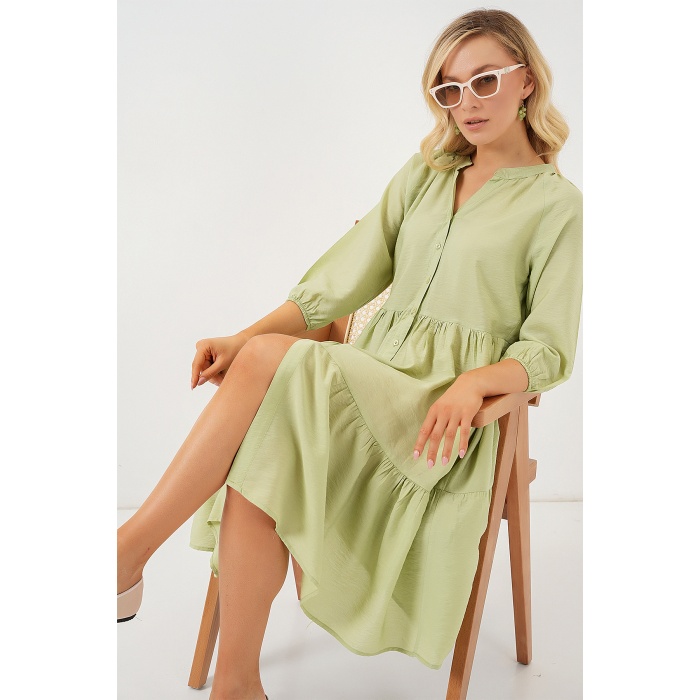 Kadın Düğmeli Kısa Kol Elbise 2559 - E.Yeşil