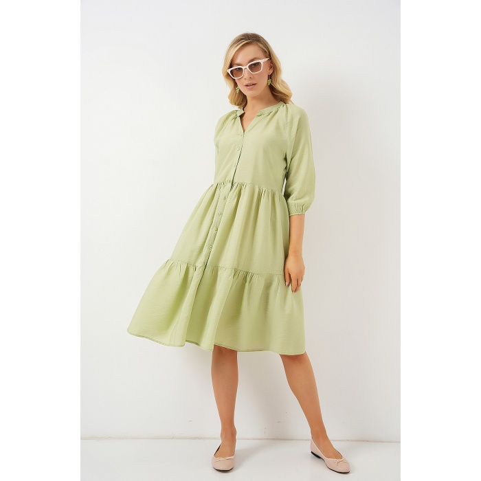Kadın Düğmeli Kısa Kol Elbise 2559 - E.Yeşil