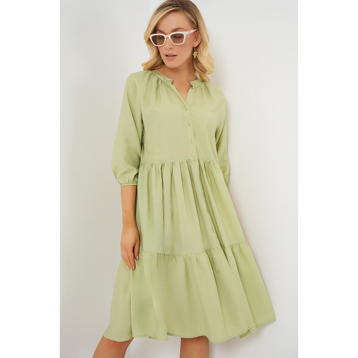 Kadın Düğmeli Kısa Kol Elbise 2559 - E.Yeşil