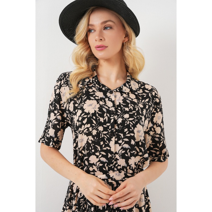 Kadın Kısa Kol Desenli Elbise 2560 - Siyah