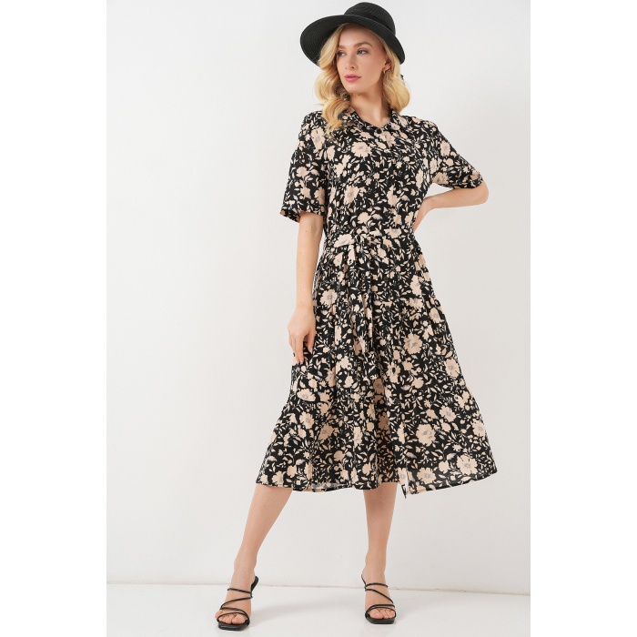 Kadın Kısa Kol Desenli Elbise 2560 - Siyah