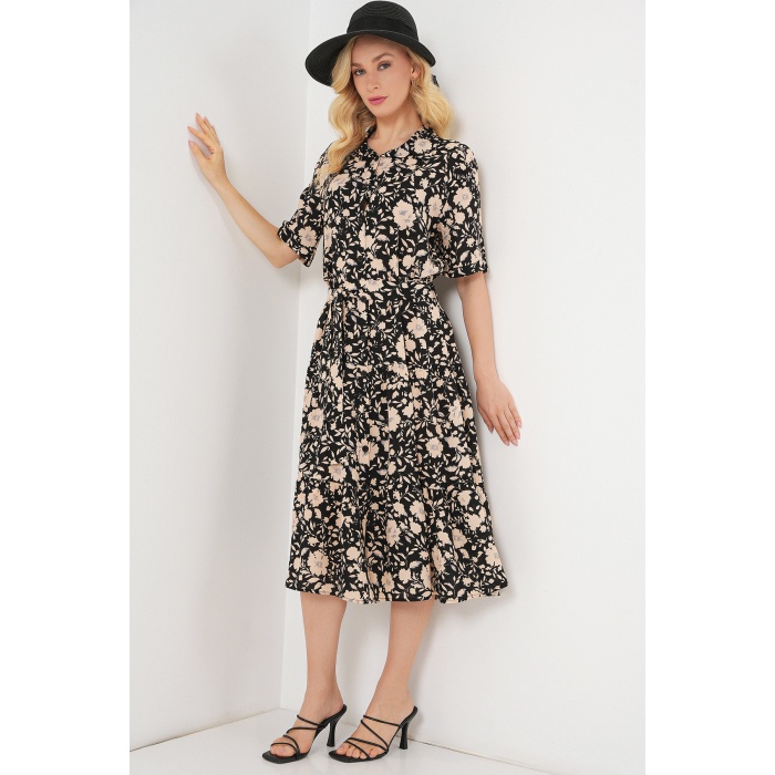 Kadın Kısa Kol Desenli Elbise 2560 - Siyah