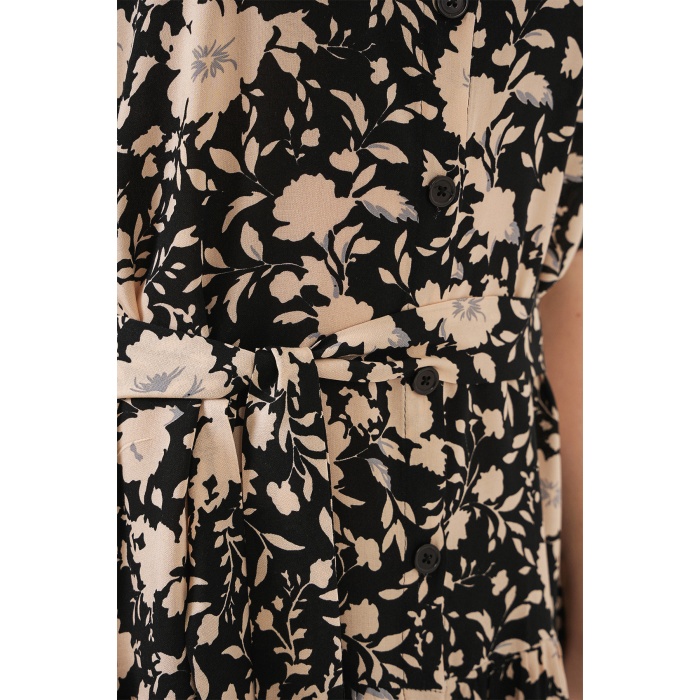 Kadın Kısa Kol Desenli Elbise 2560 - Siyah