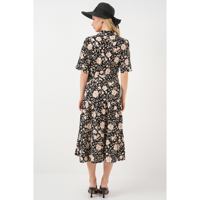 Kadın Kısa Kol Desenli Elbise 2560 - Siyah