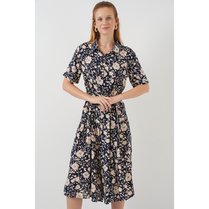 Kadın Kısa Kol Desenli Elbise 2560 - Lacivert