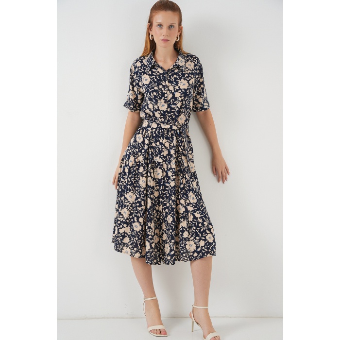 Kadın Kısa Kol Desenli Elbise 2560 - Lacivert