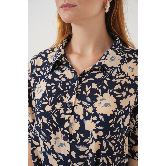 Kadın Kısa Kol Desenli Elbise 2560 - Lacivert