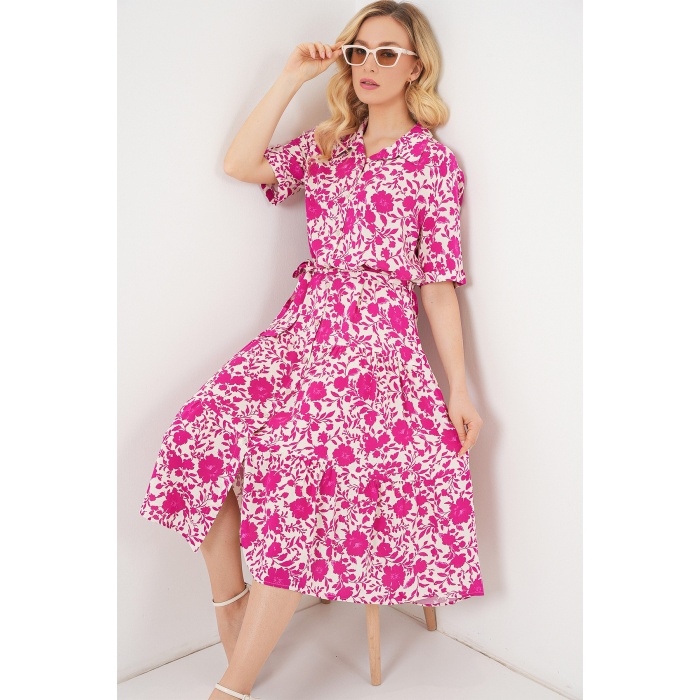 Kadın Kısa Kol Desenli Elbise 2560 - Fuşya