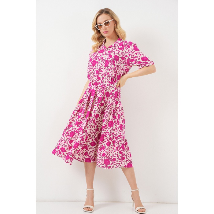 Kadın Kısa Kol Desenli Elbise 2560 - Fuşya