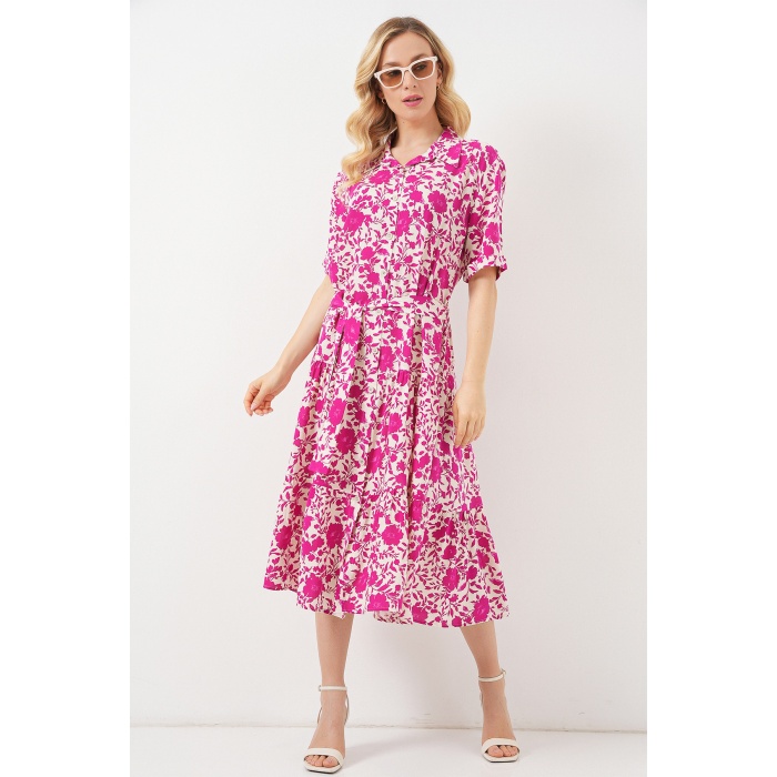 Kadın Kısa Kol Desenli Elbise 2560 - Fuşya