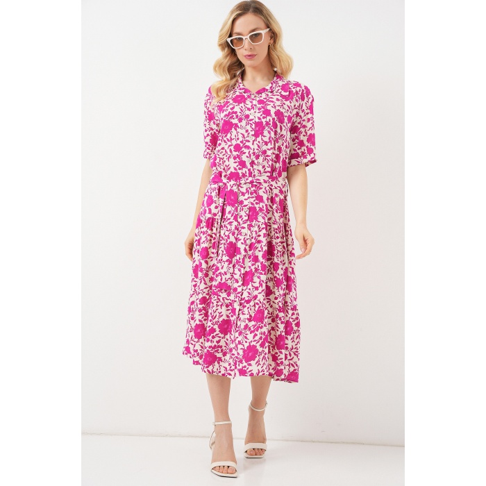 Kadın Kısa Kol Desenli Elbise 2560 - Fuşya