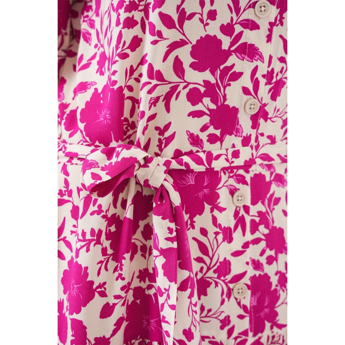 Kadın Kısa Kol Desenli Elbise 2560 - Fuşya