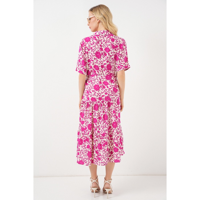 Kadın Kısa Kol Desenli Elbise 2560 - Fuşya