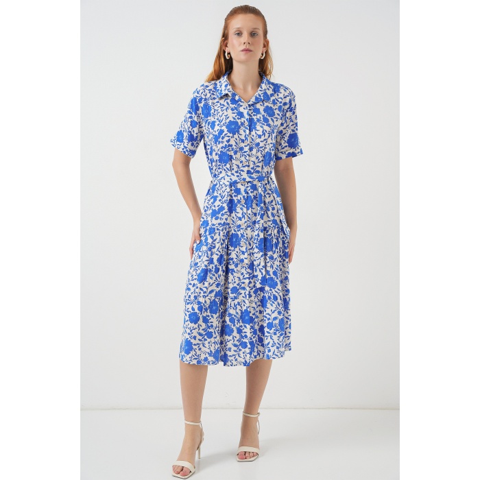 Kadın Kısa Kol Desenli Elbise 2560 - Saks