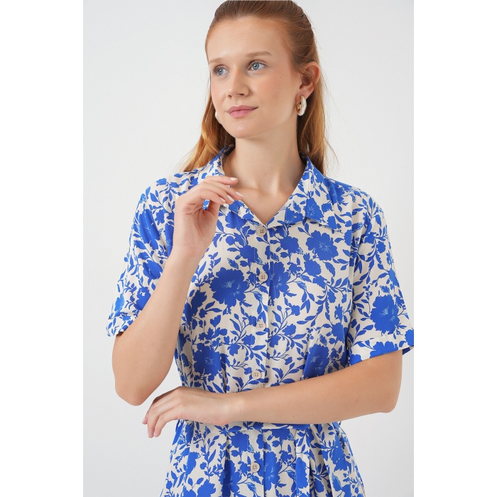 Kadın Kısa Kol Desenli Elbise 2560 - Saks