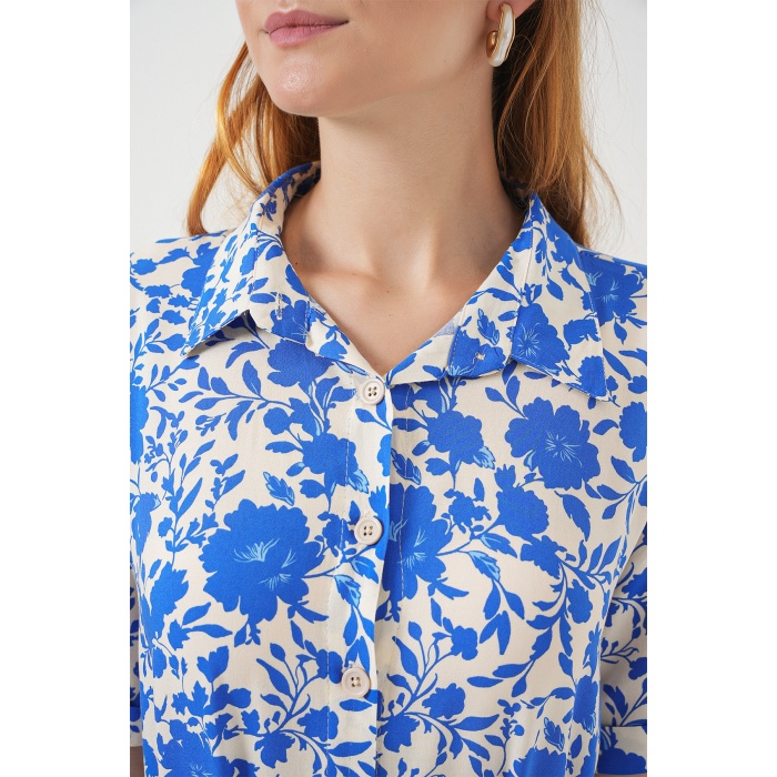 Kadın Kısa Kol Desenli Elbise 2560 - Saks