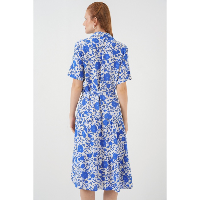 Kadın Kısa Kol Desenli Elbise 2560 - Saks