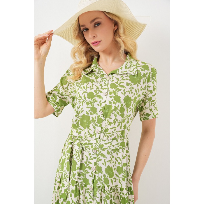 Kadın Kısa Kol Desenli Elbise 2560 - E.Yeşil