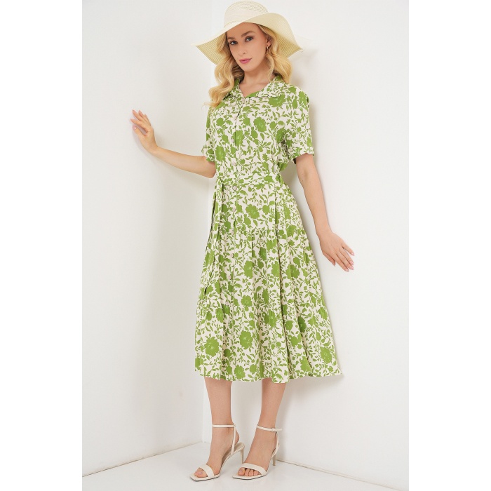 Kadın Kısa Kol Desenli Elbise 2560 - E.Yeşil