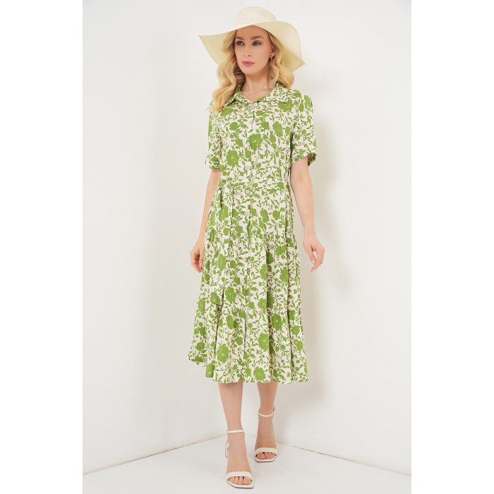 Kadın Kısa Kol Desenli Elbise 2560 - E.Yeşil