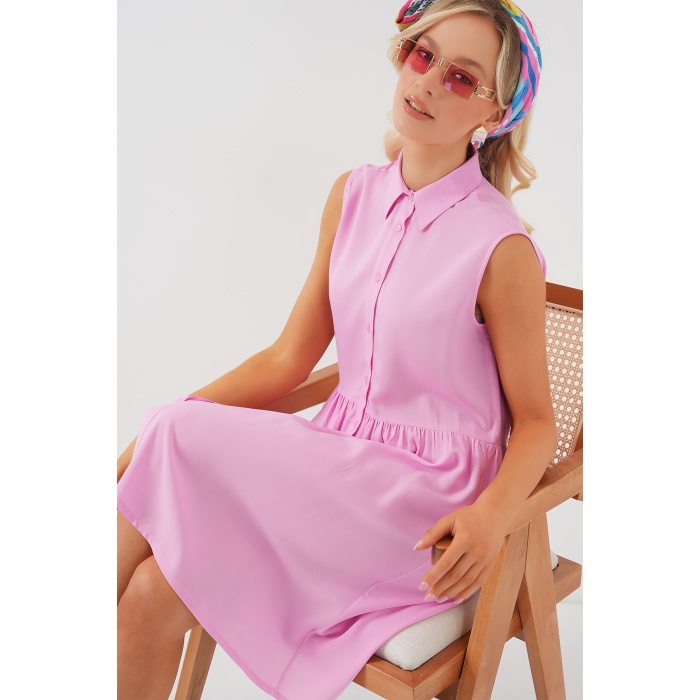 Kadın Sıfır Kol Midi Elbise 2563 - Pembe