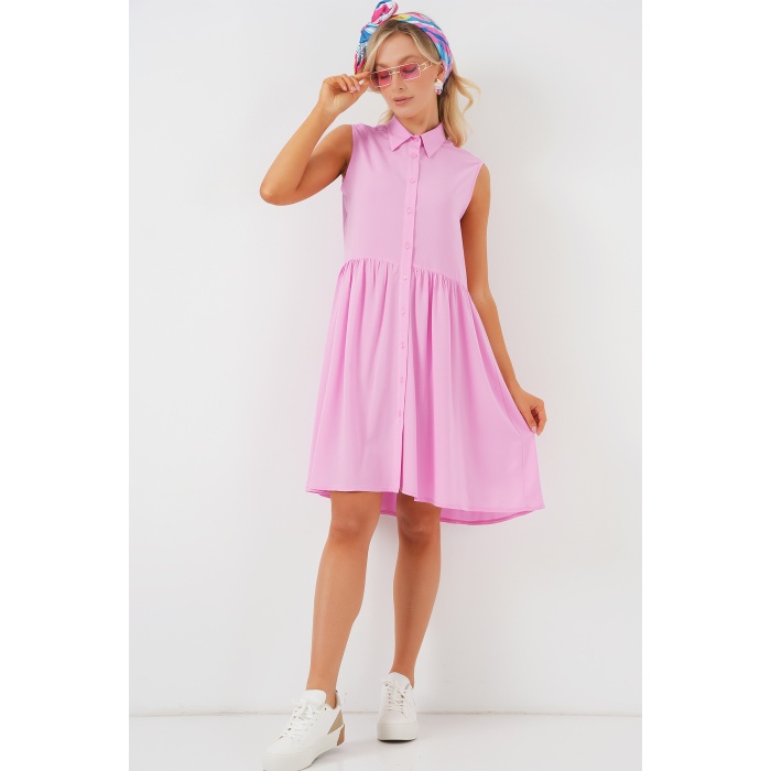 Kadın Sıfır Kol Midi Elbise 2563 - Pembe