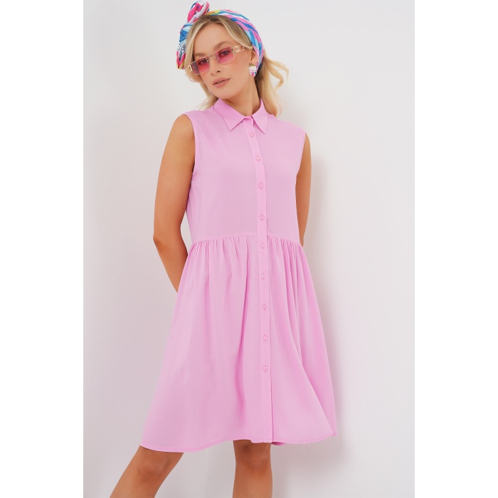 Kadın Sıfır Kol Midi Elbise 2563 - Pembe