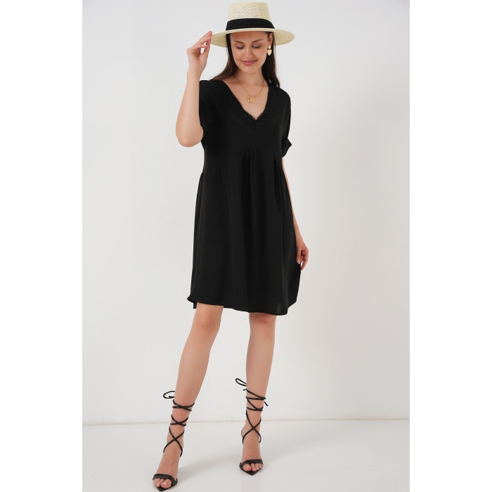 Kadın V Yaka Kısa Kol Elbise 2567 - Siyah