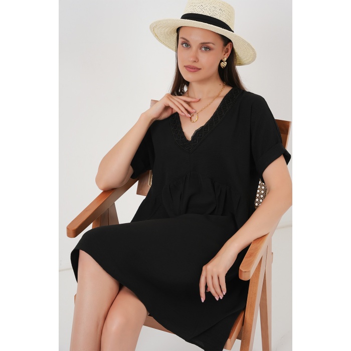 Kadın V Yaka Kısa Kol Elbise 2567 - Siyah