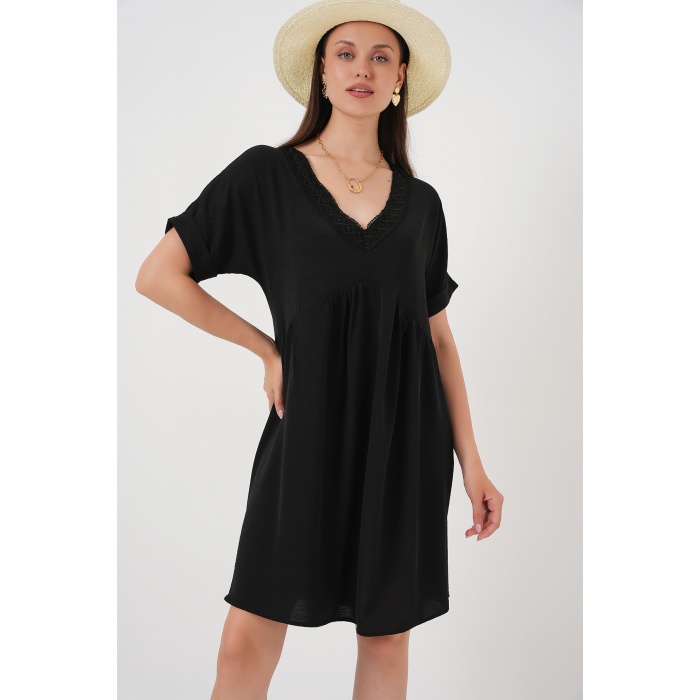 Kadın V Yaka Kısa Kol Elbise 2567 - Siyah