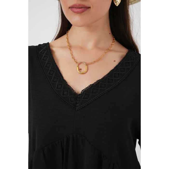 Kadın V Yaka Kısa Kol Elbise 2567 - Siyah