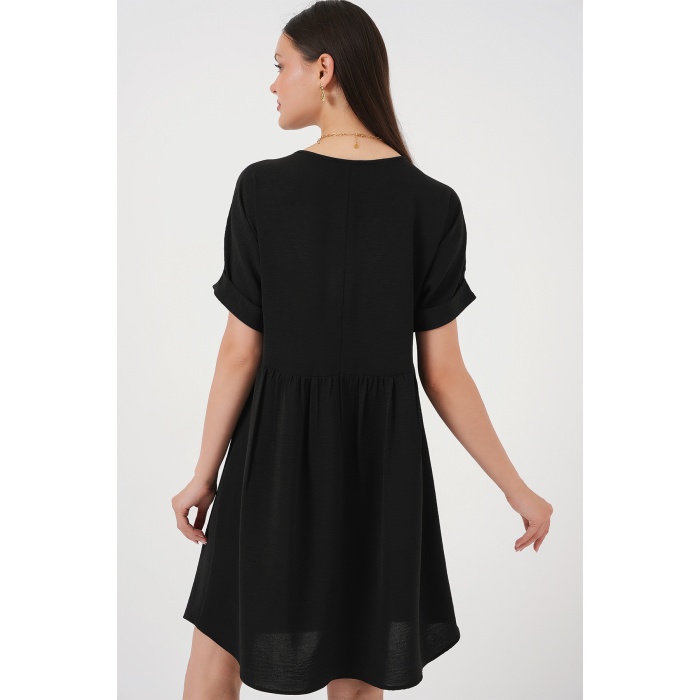 Kadın V Yaka Kısa Kol Elbise 2567 - Siyah