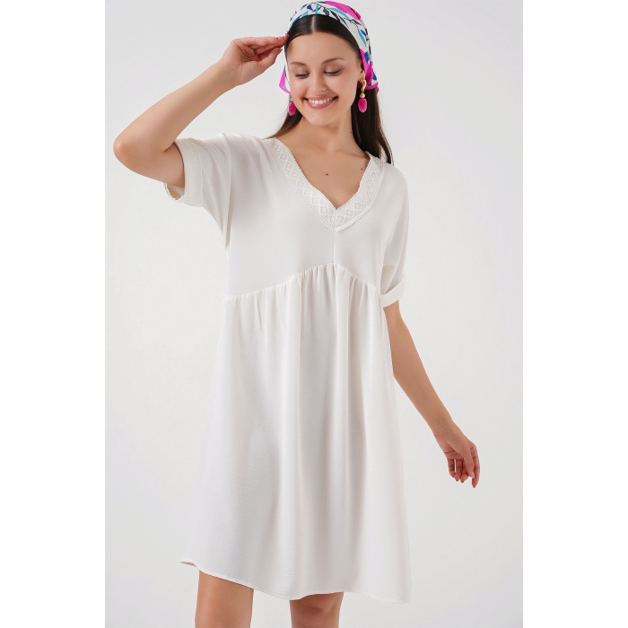 Kadın V Yaka Kısa Kol Elbise 2567 - Beyaz
