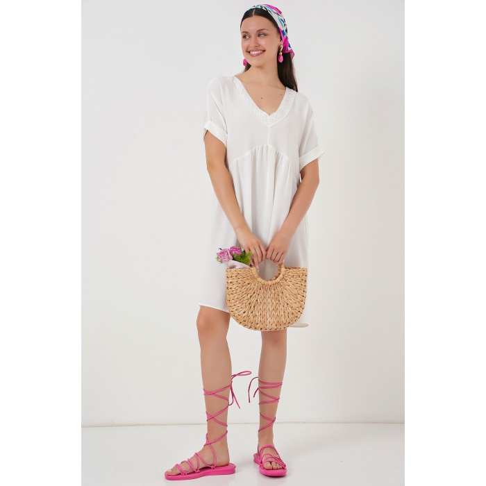 Kadın V Yaka Kısa Kol Elbise 2567 - Beyaz