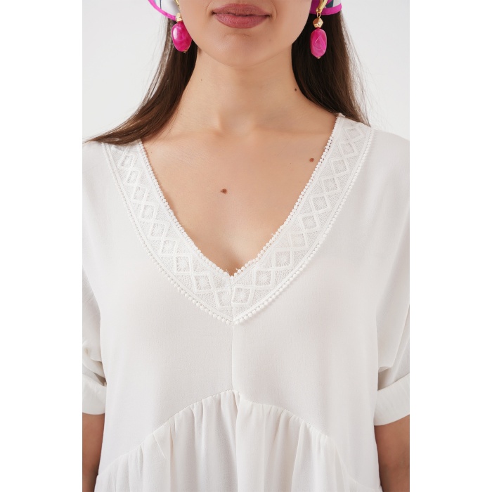 Kadın V Yaka Kısa Kol Elbise 2567 - Beyaz