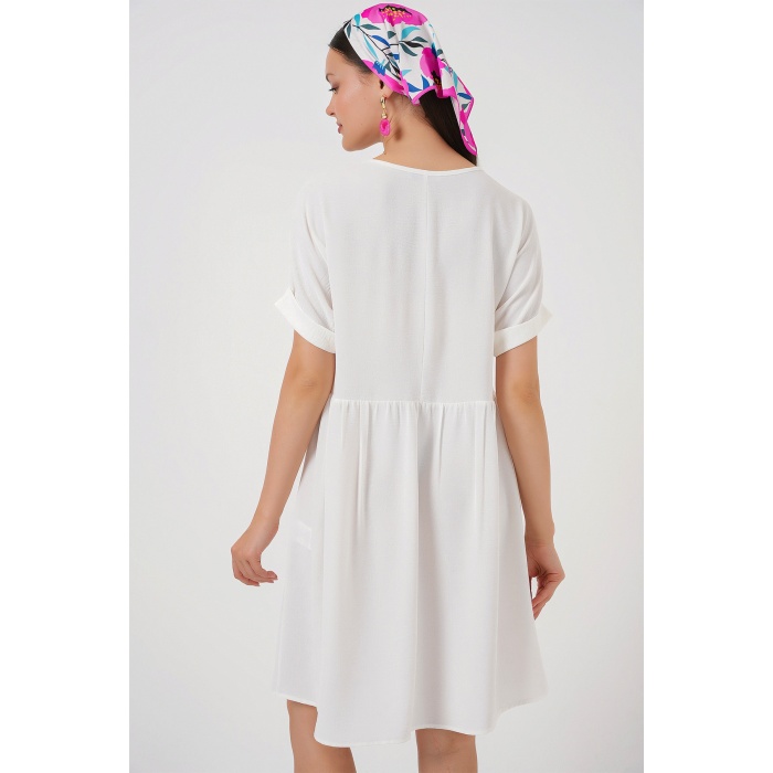 Kadın V Yaka Kısa Kol Elbise 2567 - Beyaz