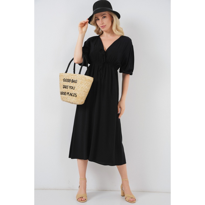 2570 Kadın Beli Büzgülü V Yaka Elbise - Siyah