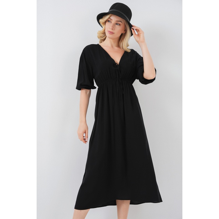 2570 Kadın Beli Büzgülü V Yaka Elbise - Siyah