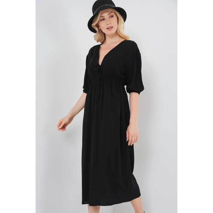 2570 Kadın Beli Büzgülü V Yaka Elbise - Siyah