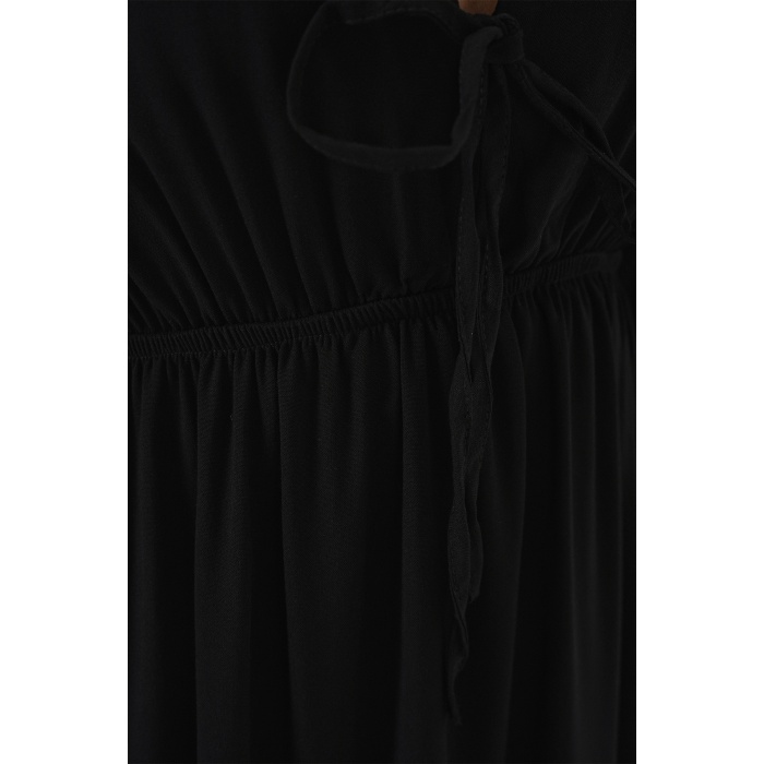 2570 Kadın Beli Büzgülü V Yaka Elbise - Siyah